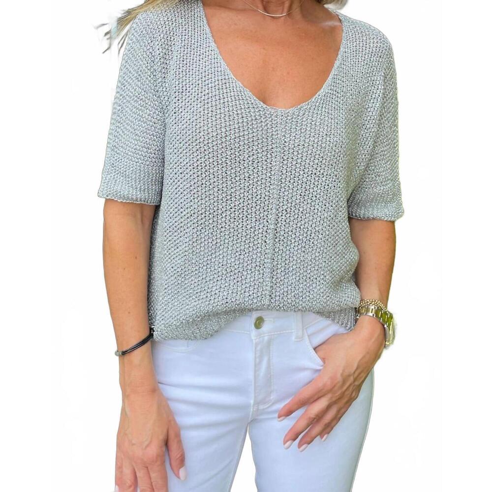 NEW BRAND BAZAR metallic crochet sweater in silver